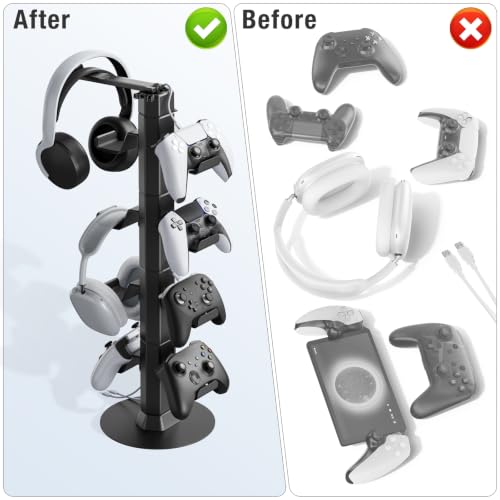 Controller & Headset Holder Stand for Desk, with Charger Cable Organizer Headphone Stand for PS5/ Xbox/ PS4/ Switch, Metal Base Controller Hanger Hook for Storage Earphones, Game Console, Mobile Phone - size: 4 Tiers