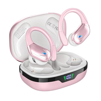HAOYUYAN Wireless Earbuds, Sports Bluetooth Headphones, 80Hrs Playtime Ear Buds with LED Power Display, Noise Canceling Headset, IPX7 Waterproof Earphones for Workout/Running (Pink) - color: Pink