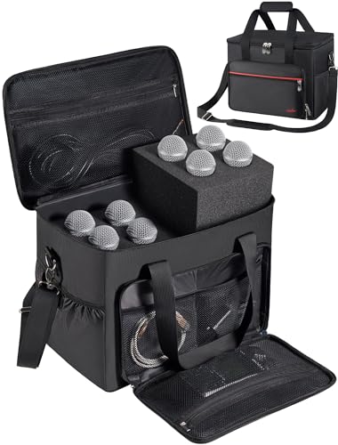 Microphone Case for 8 Mics, Travel Microphone Bag with Foam for Wired and Wireless Microphones, Microphone Carrying Case with Adjustable Strap for SM58s Vocal Mics, Mic Clips, XLR Cables and Charger