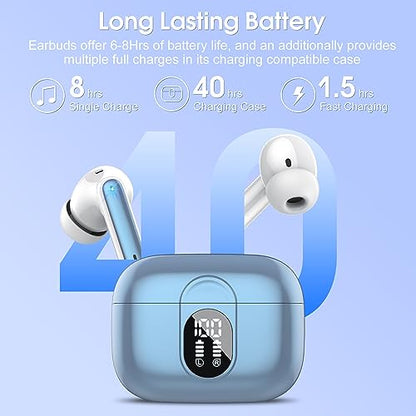 Wireless Earbuds 2024 Bluetooth 5.3 Headphones HiFi Stereo, 40H Playtime in-Ear Earbud, Bluetooth Earbuds with LED Power Display, IP7 Waterproof Wireless Earphones Sport Headset for Android iOS - color: Sky blue