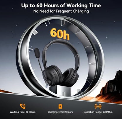 LEVN Bluetooth Headset with Microphone, 60 Hrs Working Time Dual Connection Bluetooth Headphones with Mic, Wireless Headset with Mic for Work/Video Meetings/Phone/Call Center/PC/Music/Zoom/Teams