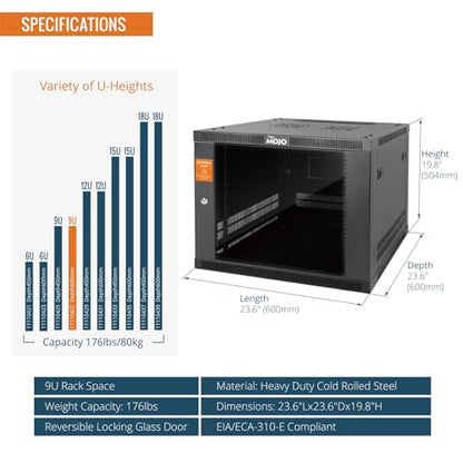 Tecmojo 9U Wall Mount Rack Cabinet, Heavy-Duty 176 Lbs High Load Capacity, 19” Enclosed Server Network Rack with 2 Colling Fans,Glass Door, 23.6” Deep – Elite Collection - size: 9U/23.6in Depth/Glass Door