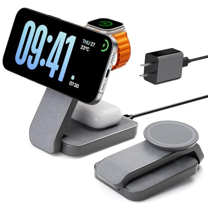 Eazpower 3 in 1 Foldable Wireless Charging Station for MagSafe, Nightstand Magnetic Charger Stand for iPhone 17 16 15 14 Pro Max, Travel Charging Dock with Night Light for Apple Watch/AirPods (Gray) - color: Gray
