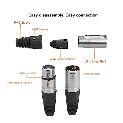 2 Pair Male+ Female 3 Pin XLR Connectors Solder Nickel-Plated Locking | Zinc alloy & nickel shell ensure rugged durability, Locking prevents disconnect, Ideal for mics, DMX, Microphone, live audio