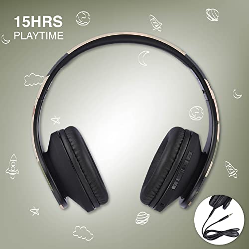 PowerLocus Kids Headphones Over-Ear, Bluetooth Wireless Headphones for Kids,with Microphone, Safe 85DB Volume Limited, Foldable with Carry Case, Audio Cable, Micro SD mode for Online Classes,PC,Phones - color: Camo