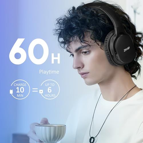 ZIHNIC Bluetooth 5.3 Noise Cancelling Headphones, Over-Ear Wireless Headset with 60H Playtime,Low Latency Game Mode, Lightweight, Deep Bass Hi-Fi Sound for Travel, Home, Office - Black