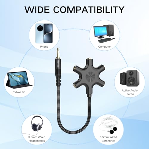 HOSONGIN 5-Way Headphone Splitter - 3.5mm Audio Sharing Hub with Braided Cable & Gold-Plated Connectors - Compatible with Smartphones Tablets Laptops MP3 Players - Perfect for Travel School Family Fun