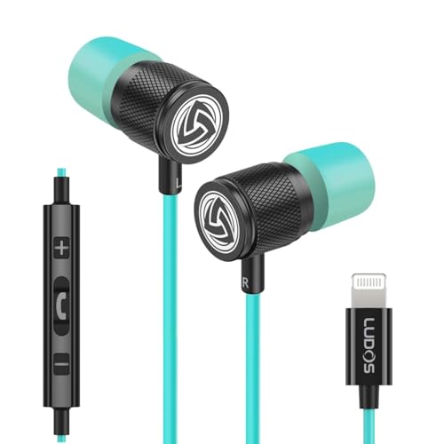 LUDOS Ultra iPhone Wired Headphones Earbuds Earphones with Lightning Connector Apple MFi Certified, 5 Years Warranty, for iPhone 14 13 12 11 Pro Max X XS XR 8 7 Plus with Microphone - Turquoise - color: Turquoise, style: Lightning