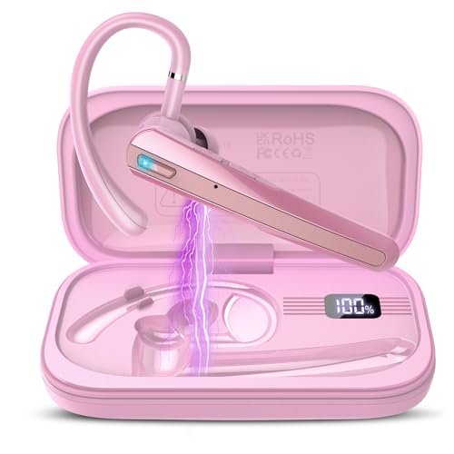 Bluetooth Headset V5.3, Wireless Headset with ENC Noise Canceling Mic | 120Hrs Talk Single-Ear Bluetooth Earpiece, LED Display, IP7 Waterproof Hand-Free Earphone for Business/Trucker, Pink - color: Pink