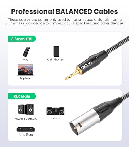 Tisino 3.5mm to XLR Balanced Adapter Cable XLR to Aux Mic Cord - 1ft | Gold-Plated 1/8 inch Mini Jack Aux to XLR Male Mono Audio Cord for Cell Phone, Laptop, Speaker, Mixer - size: 0.3m/1ft