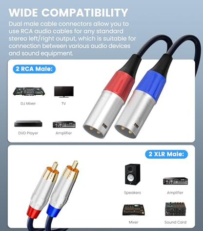 Tisino RCA to XLR Cable, 2 RCA to 2 XLR Male HiFi Cord,4N OFC, 6.6FT/2m - size: 2m