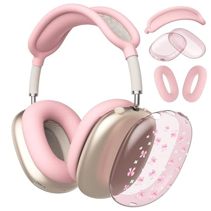 Pink Flower Bow Clear Case for Airpods Max Headphones Cute Lovely Girl Soft TPU Ear Cups Cover Anti-Scratch Silicone Ear Pad Protective Case Kawaii Headband Cover for Apple Airpods Max - color: Flower bow 12