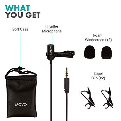 Movo PM10 Lavalier Microphone and Lapel Microphone for iPhone, iPad, Android, and Other Smartphones - Easy Clip on Mic Perfect for Recording a Podcast, Vlog, Interview, YouTube