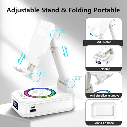 Cell Phone Stand with Wireless Bluetooth Speaker and Colorful LED Lights, 4-in-1 Multifunctional Phone Holder Support Fast Charging, Adjustable Desktop Stand for iOS Android White - color: Off-White