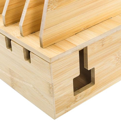 WRINGKIT Bamboo Charging Station for Multiple Devices, Hold 6 Devices | Desktop Charging Docking Stations Organizer with Removable Divider Slots, Compatible with Tablets, iPads, Cell Phone, Laptop