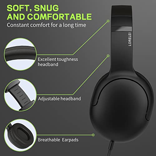 LORELEI E5 Wired Headphones for Kids Foldable & 3.5mm Jack Tangle Free Nylon Wire Stereo On Ear Headsets for Kids/Children/School/Tablet/Ipad/Kiddle/Plane (Space Black) - color: Black