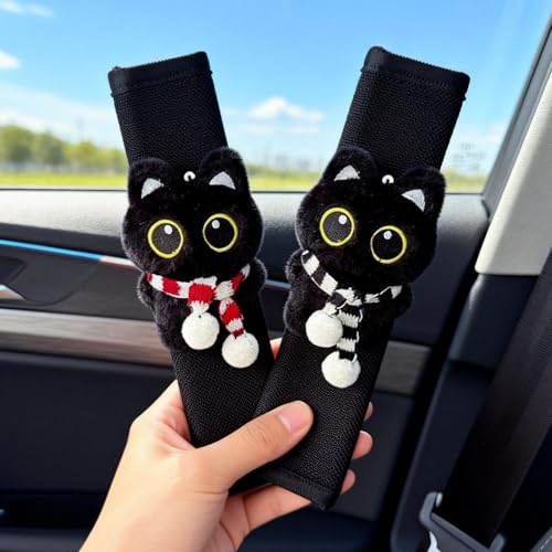 2 PCS Seat Belt Cover Pad, Cute Kawaii Animal Cat Soft Seatbelt Covers for Women, Seatbelt Cushion, Black Car Seat Strap Pads for Summer Spring (Red+Black) - color: Red+Black