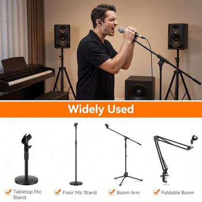 2 PCS Universal Microphone Clip, Adjustable Mic Clip Holder | for Mic Stand with 5/8" to 3/8" Screw Adapter, Anti-Slip Design for 30-35mm Handheld Wired & Wireless Microphones, Black
