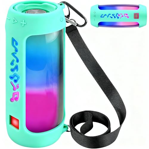 COMECASE Silicone Cover for JBL Pulse 4 with Shoulder Strap and Carabiner | Open Controls Allow Charging and Playback; Flexible Sleeve Cushions Scratches and Bumps Outdoors, Teal, Cover Only - color: Teal