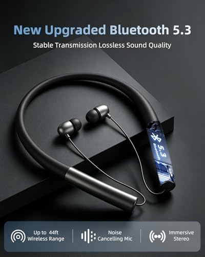 Neckband Bluetooth Headphones, Retractable Headphones Bluetooth 5.3 with IPX5 Sweatproof & Vibration Alert, Stereo Noise Cancelling for Music, Calls, Conference, Videos