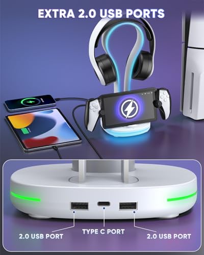 FYOUNG Gaming Headset Holder with Charging Dock Station for Playstation Portal,Atmosphere Light Stand with Magnetic Charging Headphone Stand & Extra 2 USB Charger Ports for Desktop PC Game Accessories