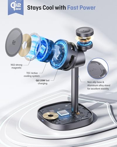 Augnner 3 in 1 Wireless Charging Station, 25W Certified Fast Magnetic Charger, Magnetic Wireless Charger Stand with TEC Active Cooling, for iPhone17/16/15/14/13/12, Apple Watch/AirPods