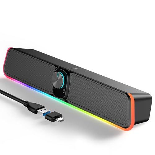 Computer Speakers - Wired USB Powered Bluetooth Computer Sound Bar with RGB & Volume Knob, HiFi Stereo Portable Gaming Sound Bar Speaker for Desktop Monitor, PC, Laptop, Tablets, Mac Air/Pro