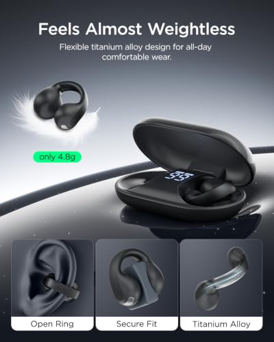 TALIX Open Ear Clip-On Wireless Bluetooth 6.0 Earbuds X7, Black | Ultra-Light 4.8g, LED Battery Display, Clear Sound, Bluetooth 6.0, Dual-Device Switching, IPX4 Sweatproof, Touch Control - color: Black