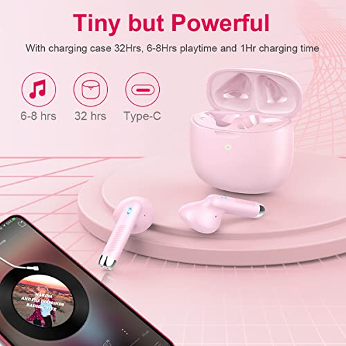 Wireless Earbuds, Bluetooth 5.4 Headphones in Ear with Noise Cancelling Mic | Bluetooth Earbuds Stereo Bass, IP7 Waterproof Sports Earphones, 32H Playtime USB C Charging Ear Buds Pink for Android iOS - color: Pink