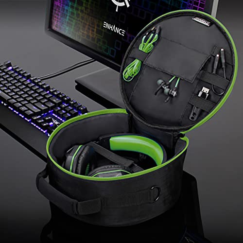ENHANCE Portable Headphone Case for Wired & Wireless Headsets - Universal Headset Case Compatible with Xbox, Beats, Bose & Gaming Headphones - Accessory Storage, Strap & Carrying Handle - Green