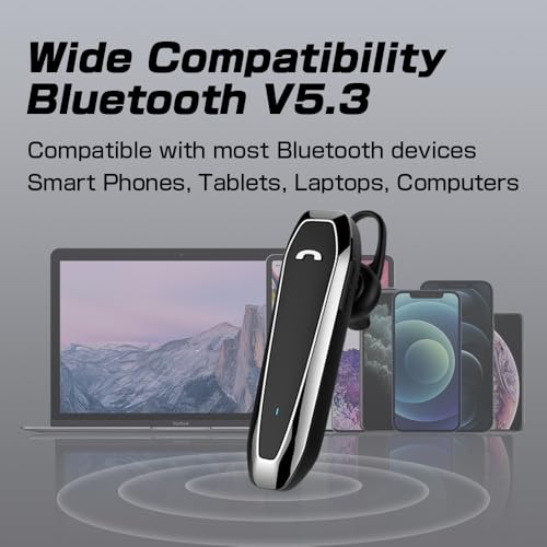 Bluetooth Headset, V5.3 Wireless Handsfree Earpiece with Noise Cancelling Mic, 33 Hours Talking Time, Single Ear Headset Compatible with iPhone Android Cell Phones for Driving Business（Black）