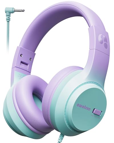 awatrue Kids Headphones for School, 74‑85‑94dB, 3.5mm Jack, HK07 | Foldable Wired Over Ear Headphones, for Toddler School/Travel/iPad/Tablet, Purple-Green - color: ‌Purple-Green
