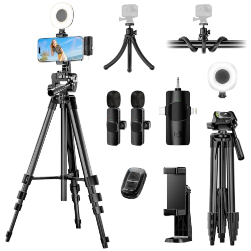 UBeesize Vlogging Kit for Phone with 2 Wireless Mics, 2 Tripods & LED Light