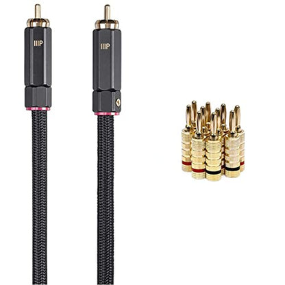 Monoprice Onix Series Digital Coaxial Audio/Video RCA Subwoofer CL2 Rated Cable, RG-6/U 75-ohm 15ft, Black & Gold Plated Speaker Banana Plugs – 5 Pairs – Closed Screw Type