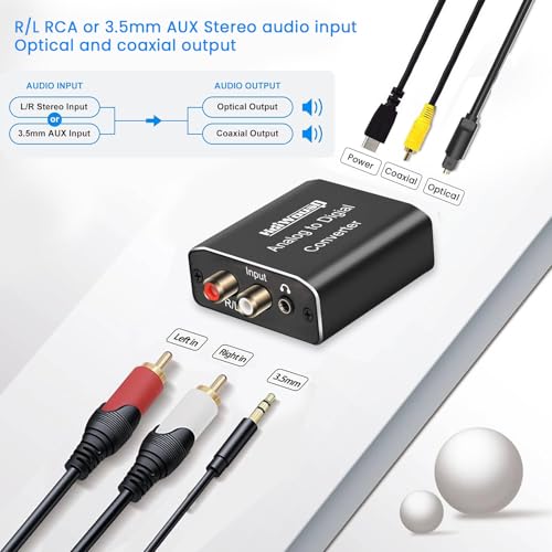 Analog to Digital Audio Converter, Hdiwousp RCA R/L or 3.5mm Jack AUX to Digital Coaxial Toslink Optical SPDIF Audio Adapter for PS4 Xbox HDTV DVD Headphone (Aluminum)