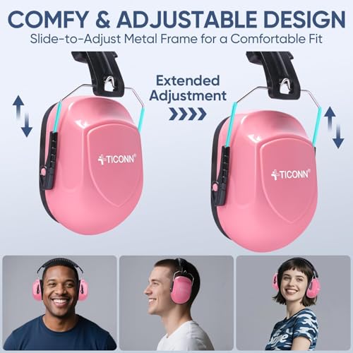 TICONN Noise Cancelling Ear Muffs for Adults, SNR 33dB Hearing Protection, Adjustable Safety Earmuffs for Construction - color: Soft Pink