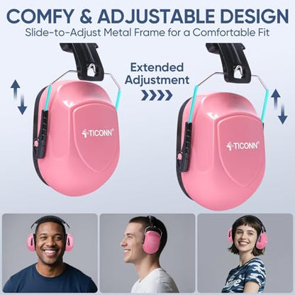 TICONN Noise Cancelling Ear Muffs for Adults, SNR 33dB Hearing Protection, Adjustable Safety Earmuffs for Construction - color: Soft Pink