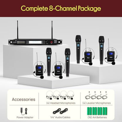 Pyle 8 Channel UHF Wireless Microphone System with 4 Handheld, 4 Lavalier & 4 Headset Microphones, 300 Ft Range & Rack Mount Receiver for Church, Conferences & Live Events - style: 8-Channel All Mixed