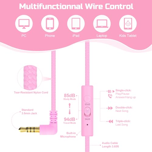QearFun Kids Cat Ear Headphones with Cord with Mic, 85/94dB Volume Limit - color: Cat Pink
