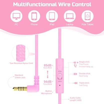 QearFun Kids Cat Ear Headphones with Cord with Mic, 85/94dB Volume Limit - color: Cat Pink