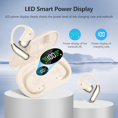 Open Ear Clip Wireless Earbuds Headphones, Bluetooth 5.4, Open Ear Design, Built-in Mic, IPX7 Waterproof, LED Display Charging Case,Ear Hooks Ear Buds Ultra for Fitness/Travel/Gym/Running/workout - color: off-white