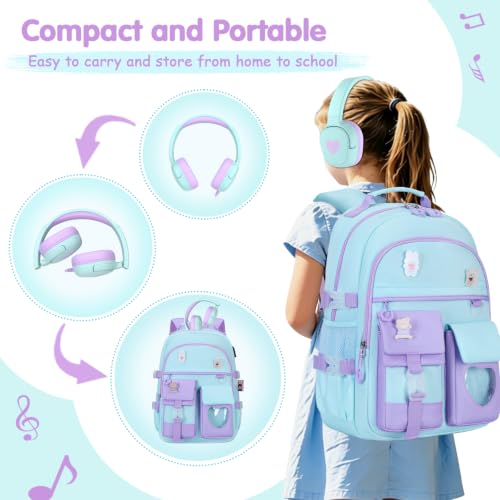 ACESAK Backpack for Girls with Headphones - Girls Backpack with Lunch Box, Pencil Case & Kids Headset - 3.5mm Wired Headphones for School Bookbag Schoolbag Set Back To School Gift (Blue Purple) - color: Blue Purple