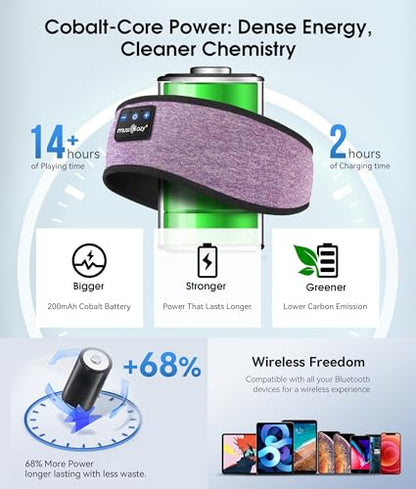 MUSICOZY Bluetooth 5.4 Sleep Headphones Headband Sports Wireless Audio | Earbuds 2 in 1 Design with Breathable Stretch Fabric, HD Stereo Sound Speakers for Workout Yoga Running, Nighttime Sleep Use - color: Light Purple