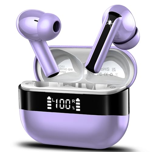 Wireless Earbuds, Bluetooth 5.4 Headphones HiFi Stereo, Bluetooth Earbuds with 4 ENC Mics, 48H Playtime Ear Buds with LED Display Charging Case, IP7 Waterproof in Ear Earphones Deep Purple