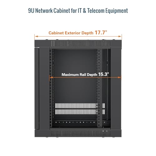 Tecmojo 9U Wall Mount Rack Cabinet, Heavy-Duty 176 Lbs High Load Capacity, 19” Enclosed Server Network Rack with Glass Door, 17.7” Deep – Elite Collection - size: 9U/17.7in Depth/Glass Door