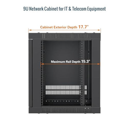 Tecmojo 9U Wall Mount Rack Cabinet, Heavy-Duty 176 Lbs High Load Capacity, 19” Enclosed Server Network Rack with Glass Door, 17.7” Deep – Elite Collection - size: 9U/17.7in Depth/Glass Door