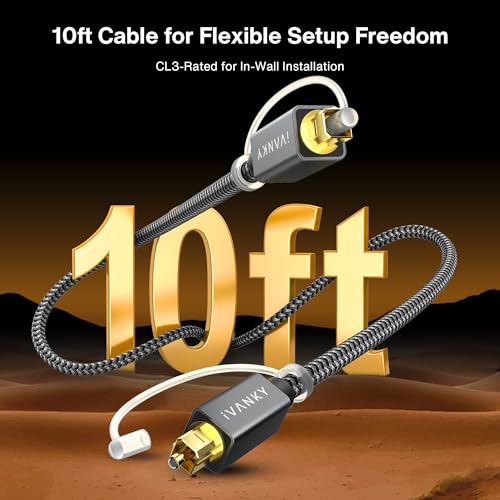 IVANKY Optical Audio Cable 10ft, Toslink Fiber Optic S/PDIF Digital Audio - color: Grey, size: 10 ft, style: Straight Cable