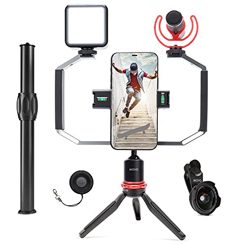 Movo iVlog3 Smartphone Video Bundle VXR10-PRO Directional Microphone, Mini Tripod, LED Camera Light, Wide-Angle Lens - Cell Phone Tripod Stand - External Microphone for iPhone and Android
