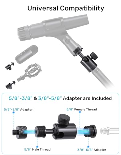 Ball and Socket Head Mic Adapter, All-Metal, 360° Swivel, 5/8 & 3/8 Threads | Ball Joint Secure Lock for Mic Angle Adjustment, Universal Fit for Mic Stand, Durable Metal, Compact Mini Design, Easy Mount