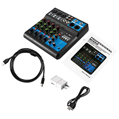 Professional Mini Audio DJ Mixer, 5 Channel Bluetooth Controller Sound Board Console System, USB Interface, 2 XLR Mic/Line, MP3 Player w/48V Phantom For Karaoke Stereo live Studio Streaming Recording